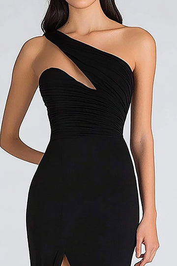 One Shoulder Black Mermaid Chiffon Formal Dress